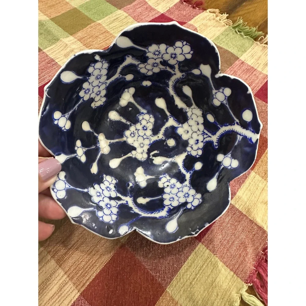 Vintage Japanese Cobalt Flow Blue Cherry Blossom Scalloped Porcelain Bowl